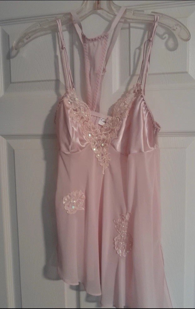 Vintage Frederick’s of Hollywood Pink Satin Lace Babydoll-Sheer Chiffon, NWOT,S