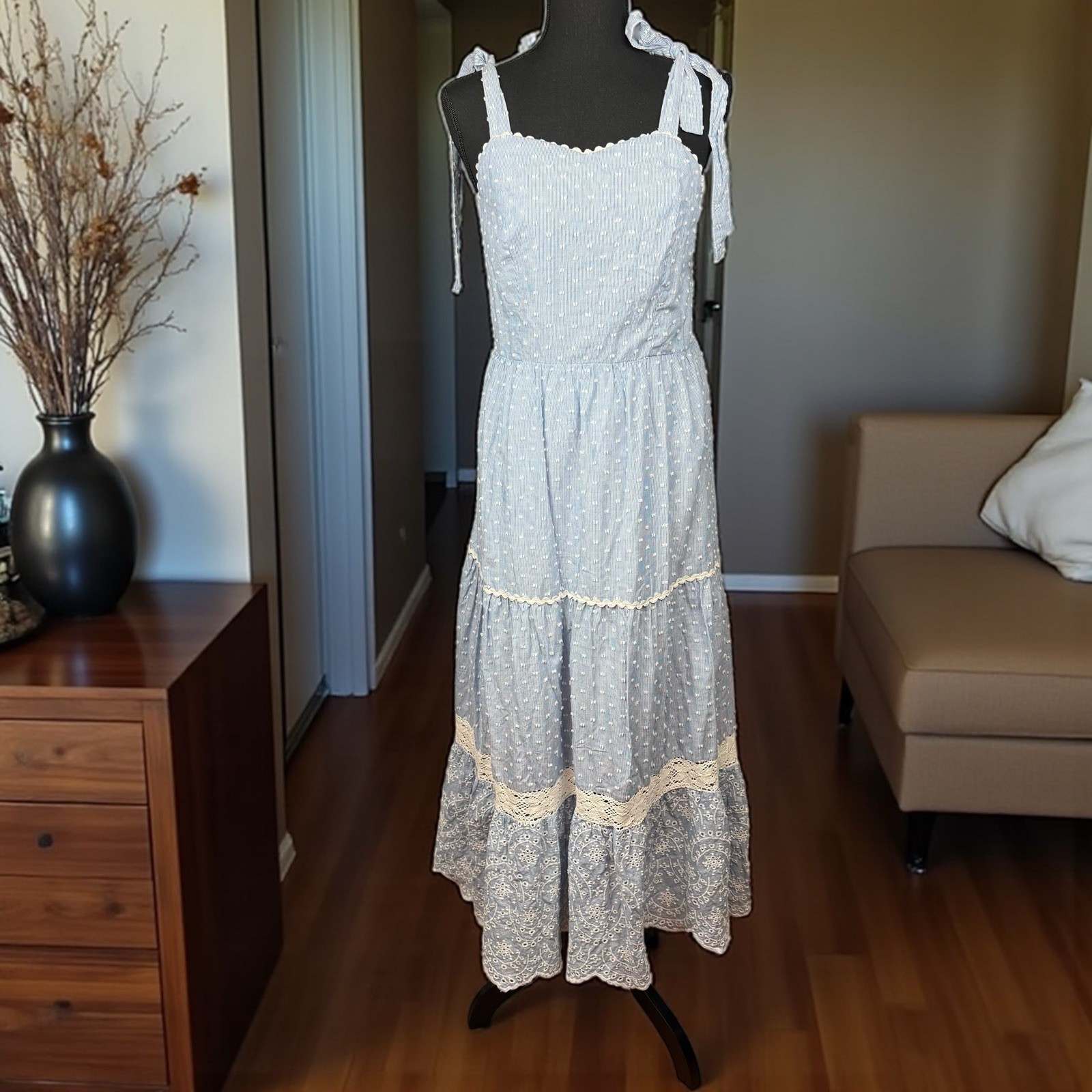 Shabby Chic Maxi Dress Sz 6 Blue Layered Eyelet Lace Prairiecore Cottagecore