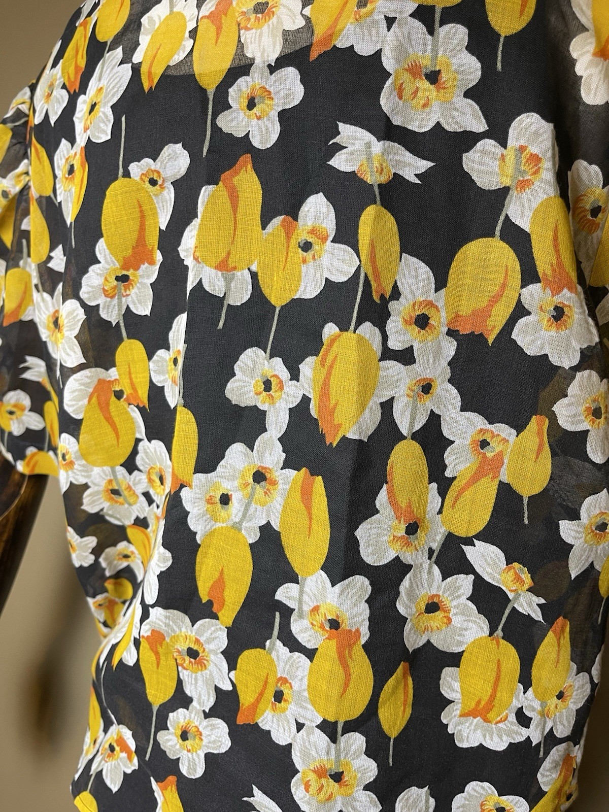 Vintage 1960s Sheer Black Floral Daffodil Print Italian Tie Front Blouse Coverup
