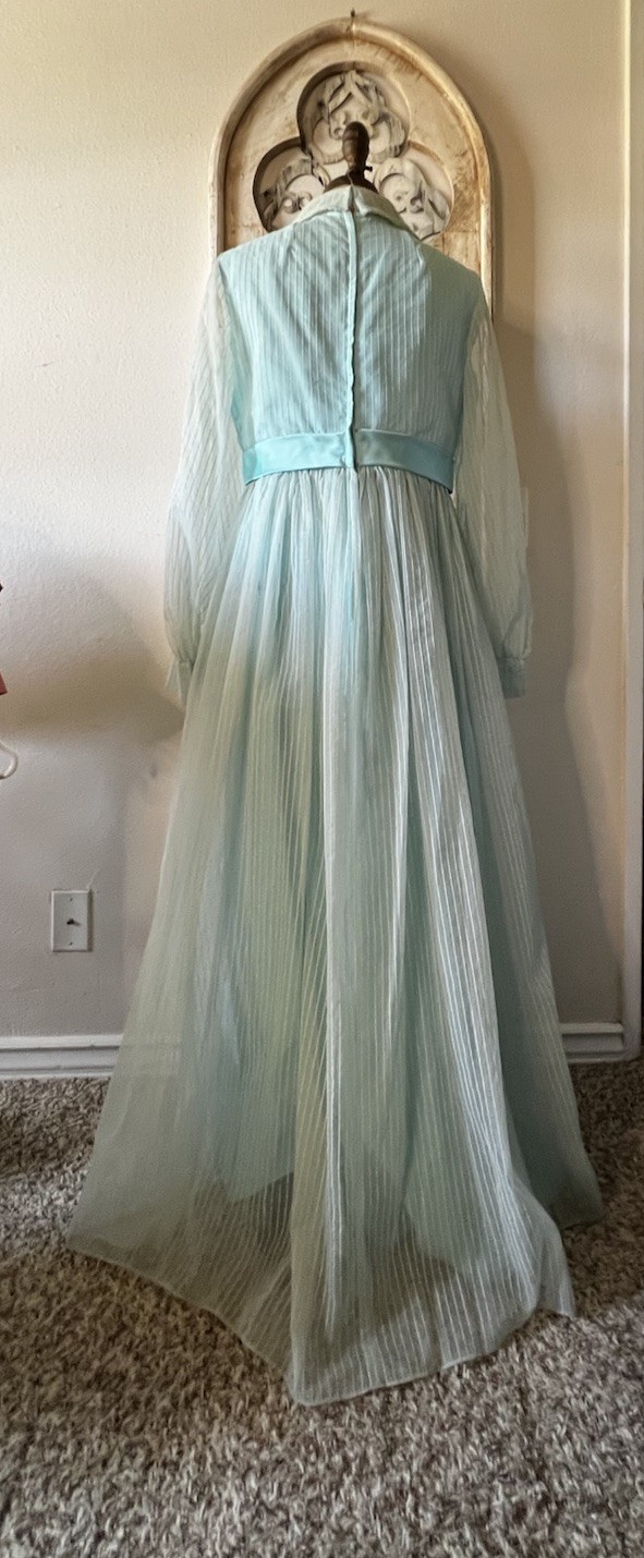 1960s-1970s Chiffon Maxi Dress Collared Long Sleeve Bow Front Handmade