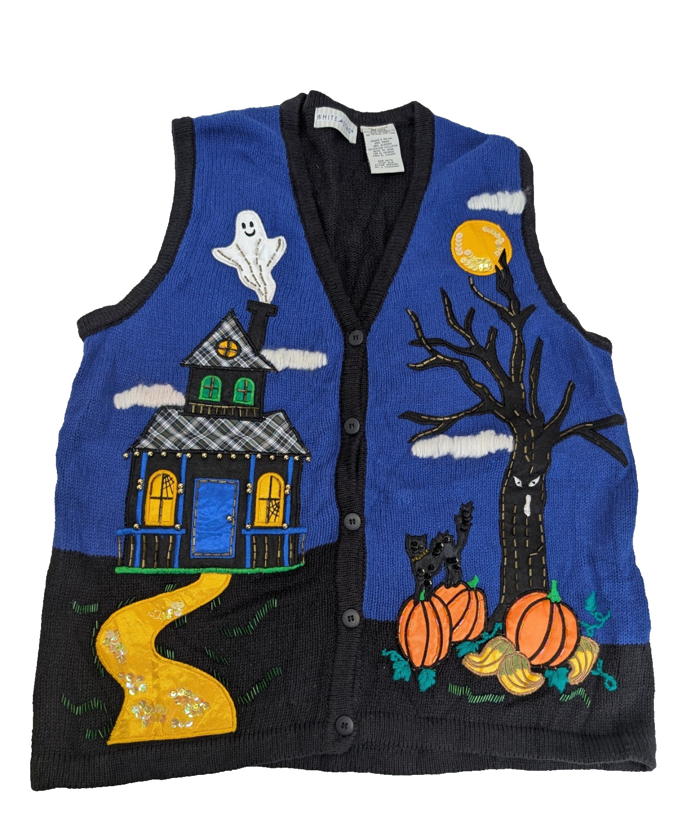 VTG Halloween White Stag Sweater Vest Blue Black Knit Button Up Ghost Pumpkin LG