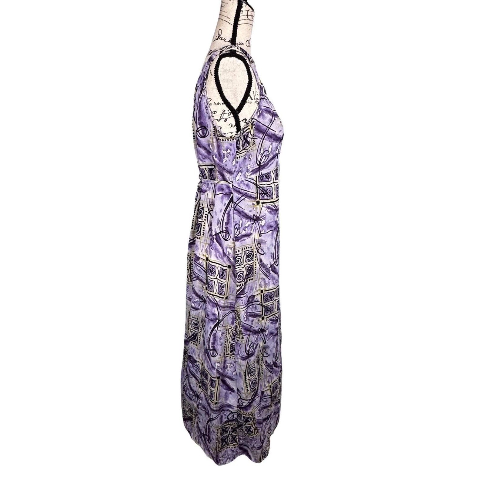 90s Maxi Dress Sleeveless Abstract Geometric Empire Waist Fairy Cottage Sz L