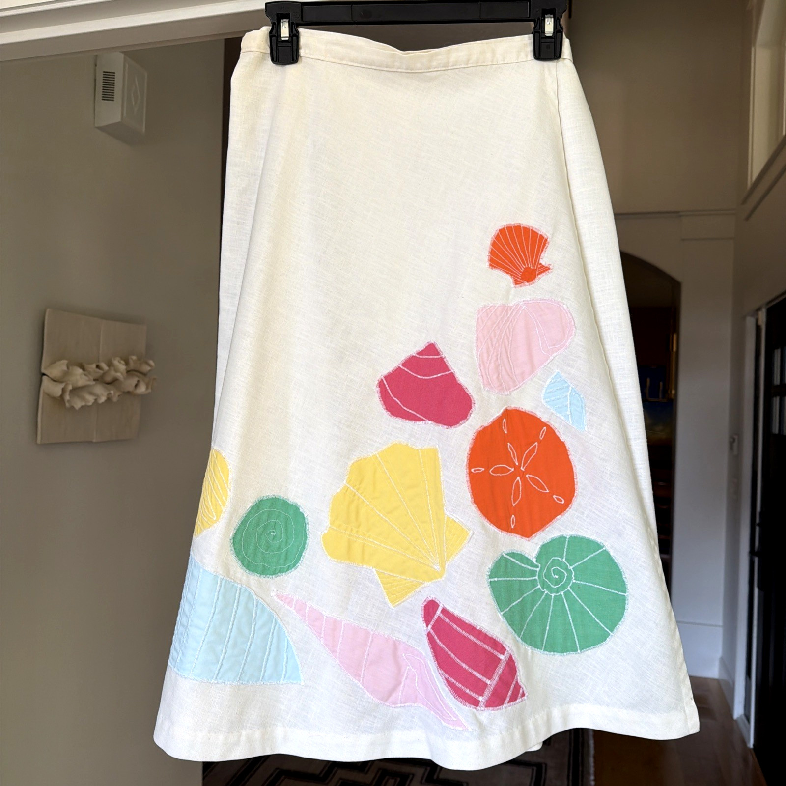 VTG 70s Pastel Seashell Applique Wrap Skirt Large Mid Century Coastal Grandma