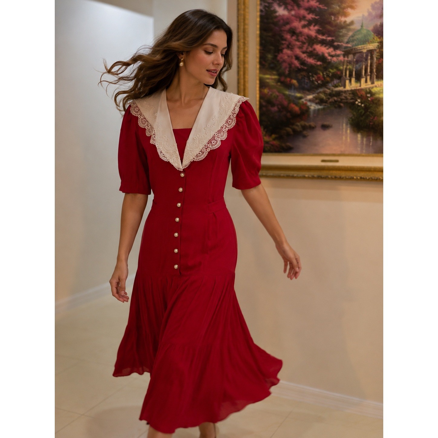 Tarazzia Vintage Red Midi Dress White Lace Sailor Collar Button Front Size 9/10