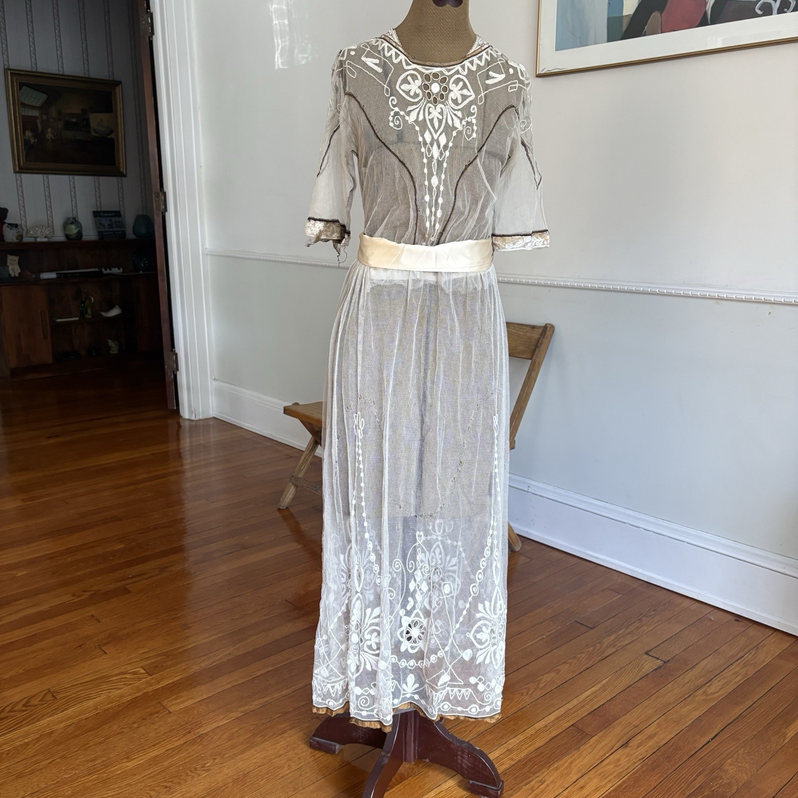 Vintage 1910s Tea Dress White And Brown Net Floral Motif Sheer Lightweight