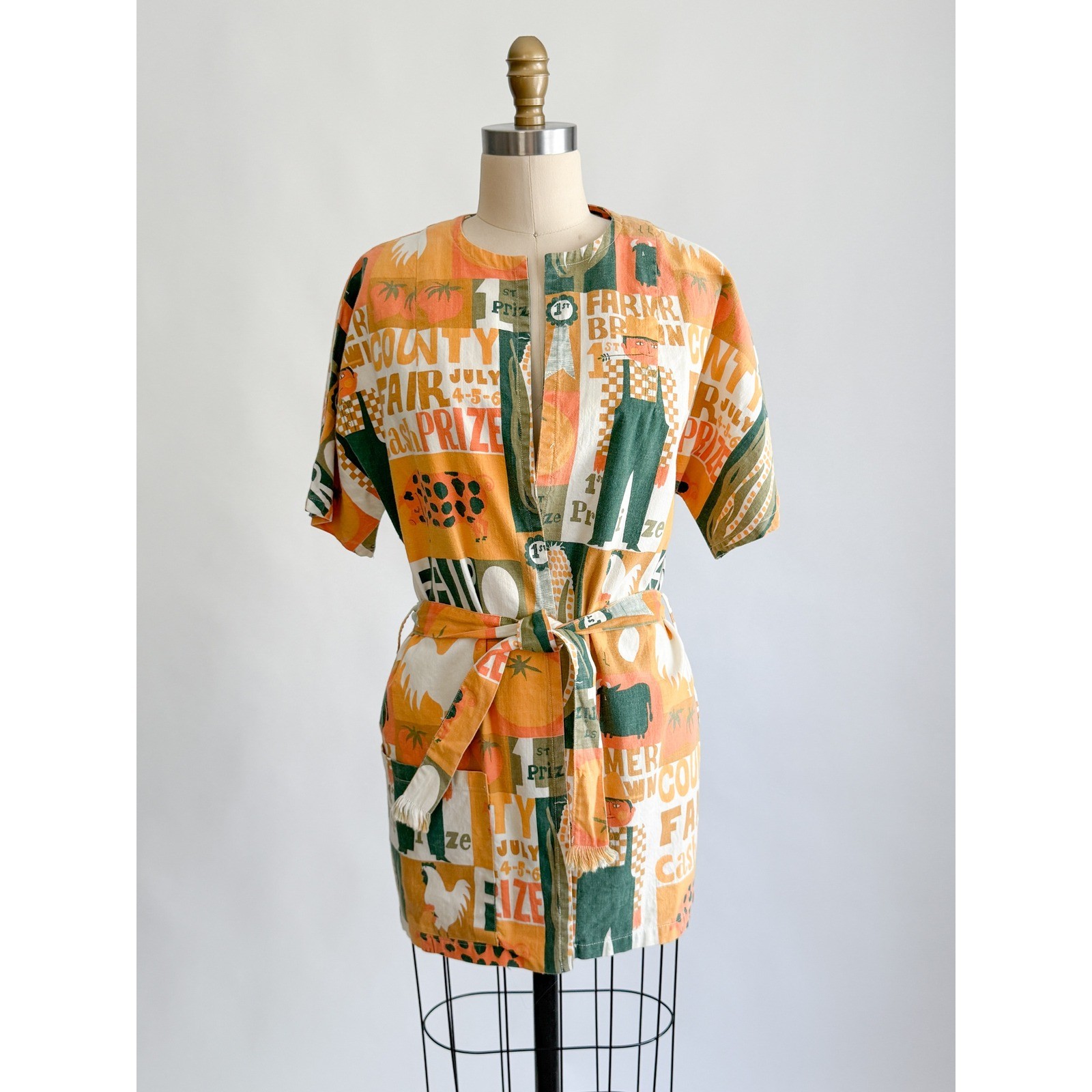 Retro Vintage Americana County Fair Novelty Print Tunic Orange Green Belted