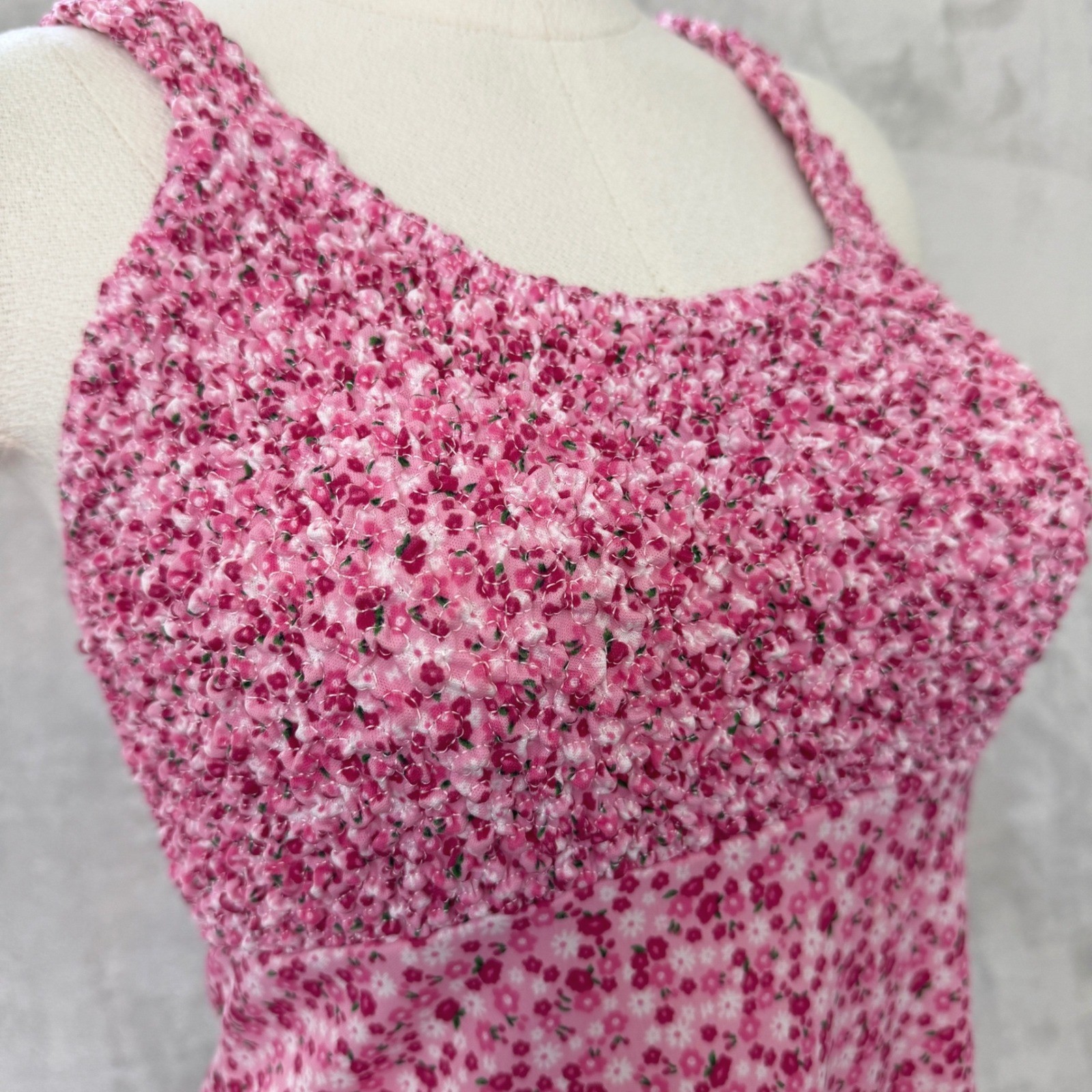 Vintage Y2K Pink Floral Popcorn Smocked Mini Dress Small Made in USA Fairy 2000s