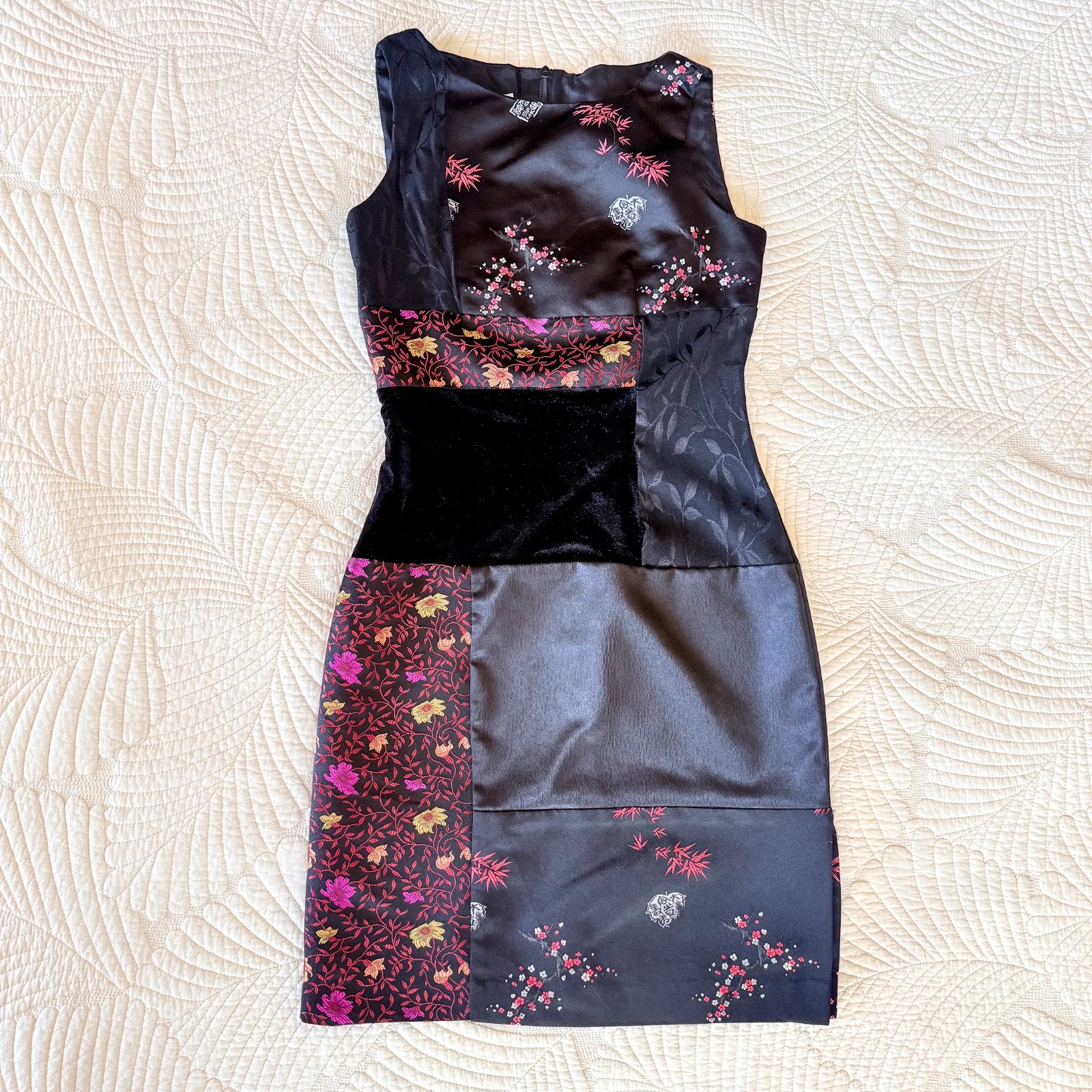 VTG 90s Asian Whimsigoth Patchwork Floral Brocade & Velvet Sheath Dress Size 2P