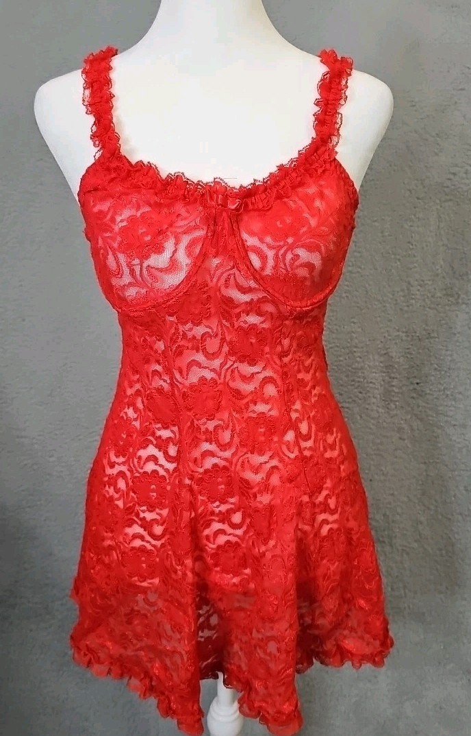 Vintage Inner Most Sexy Sheer Mesh & Lace Fitted Stretch Lingerie Red Size L