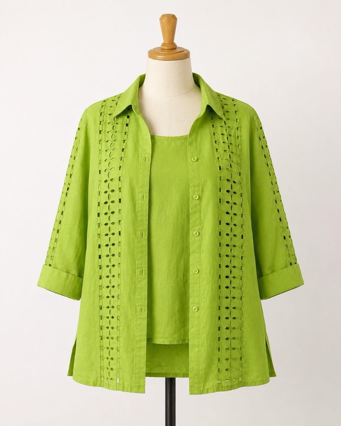Lino USA 100% Linen 2-Piece Lime Green Eyelet Jacket & Shell Top Set XL