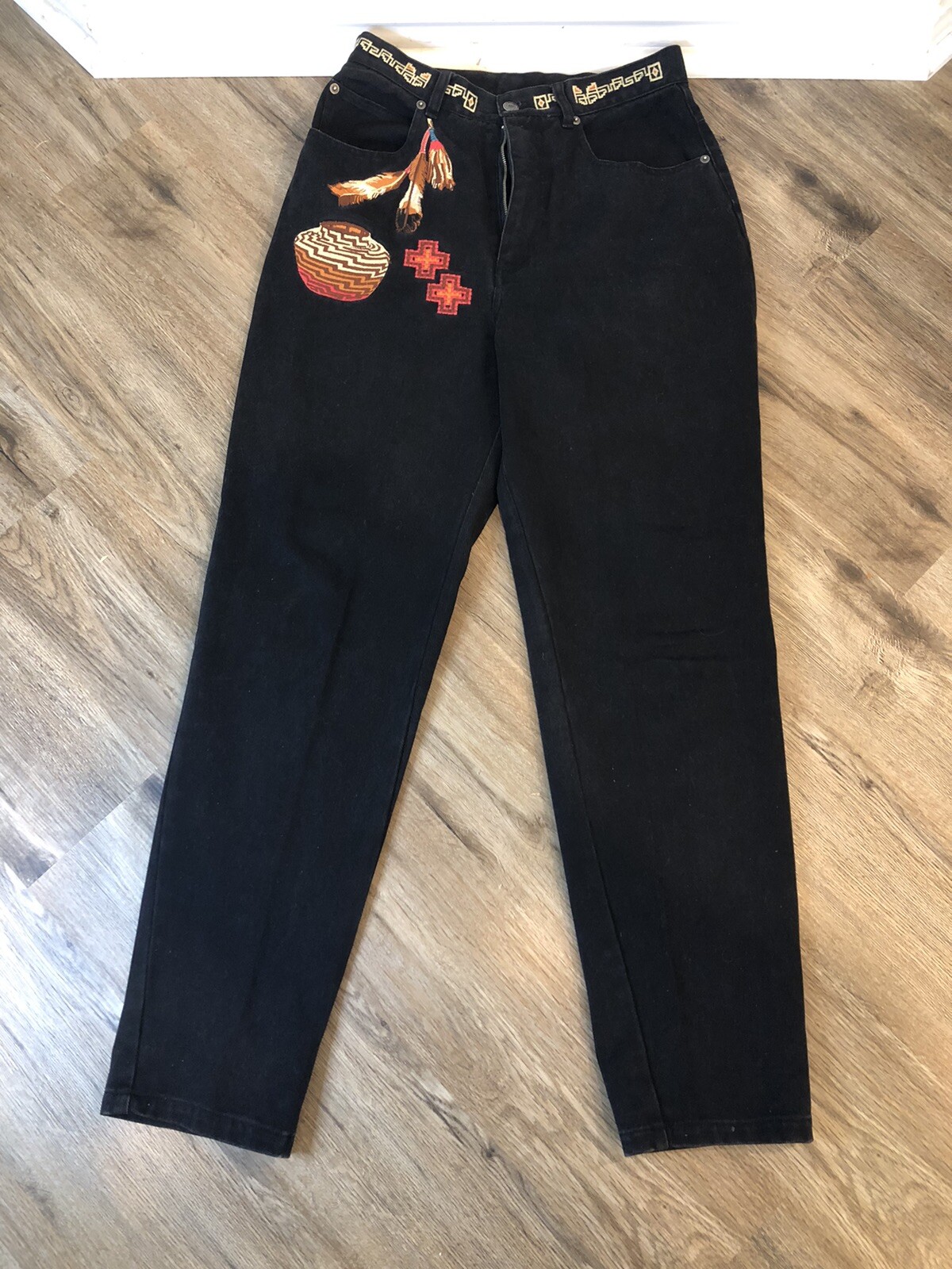 90s Cambridge Dry Goods Native Feather Kachina Black Tapered Jeans Size 10