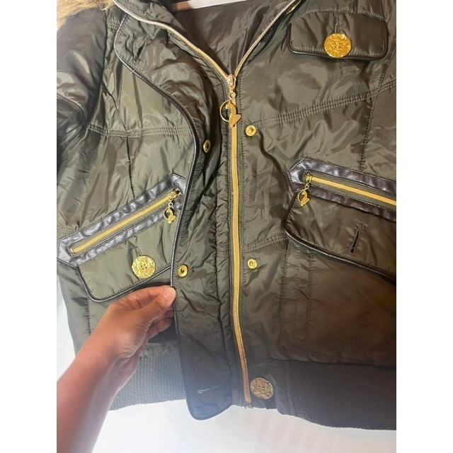 Vtg Y2K BABY PHAT Green Bomber Jacket Womens Puffer Hooded Faux Fur Logo Sz L