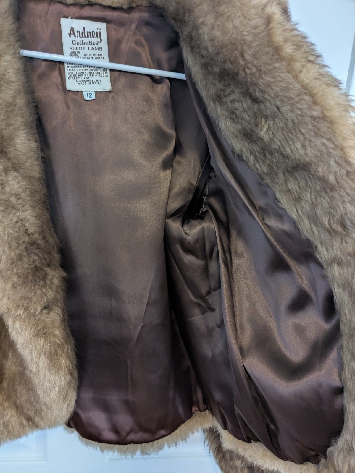 Vtg Ardney Genuine Suede Lamb Shearling Long Pile Wool Puffer Bomber Size 12 Tan