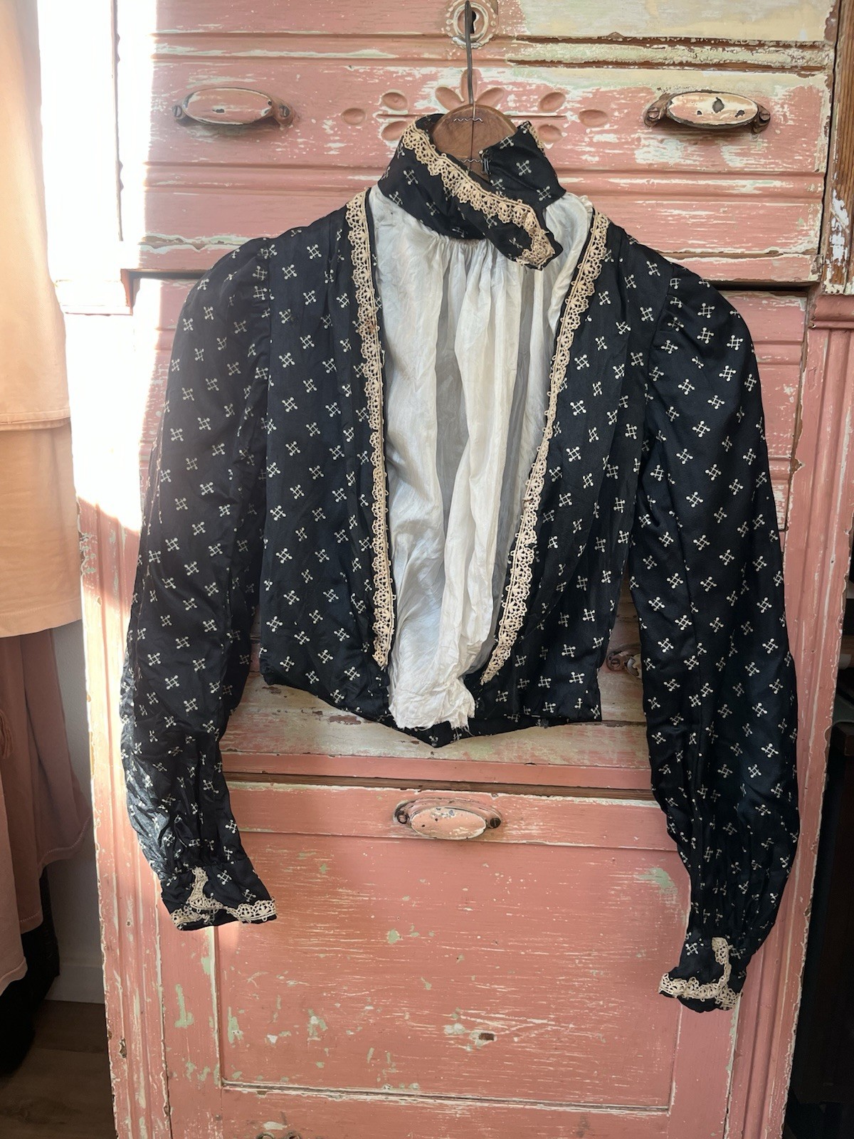 1800s Antique Victorian Edwardian Black Silk Bodice Corset Blouse Top XXS
