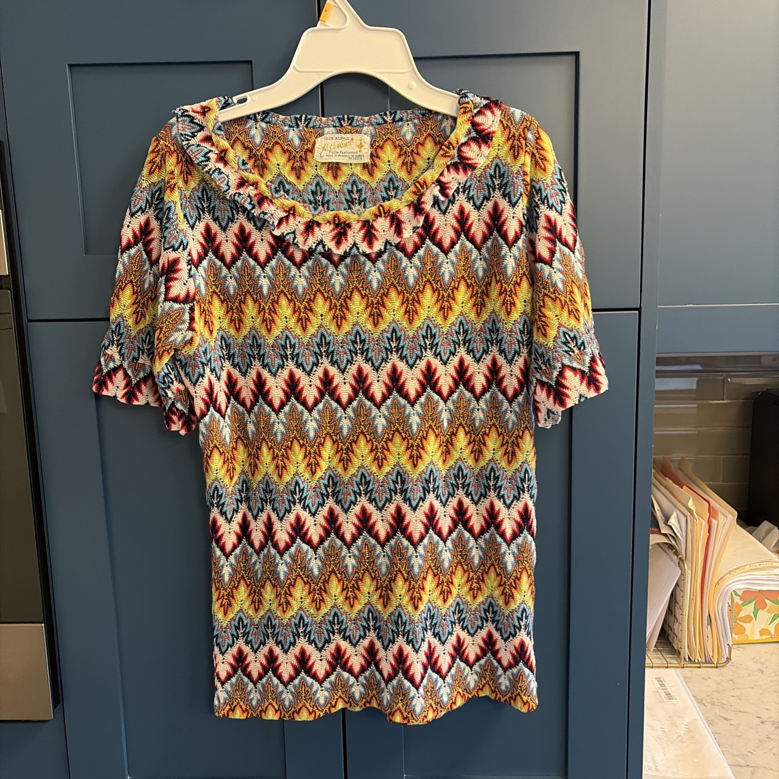 Vintage Helen Sue Knit Acrylic Short Sleeve Shirt Crochet Missoni-ish L M S