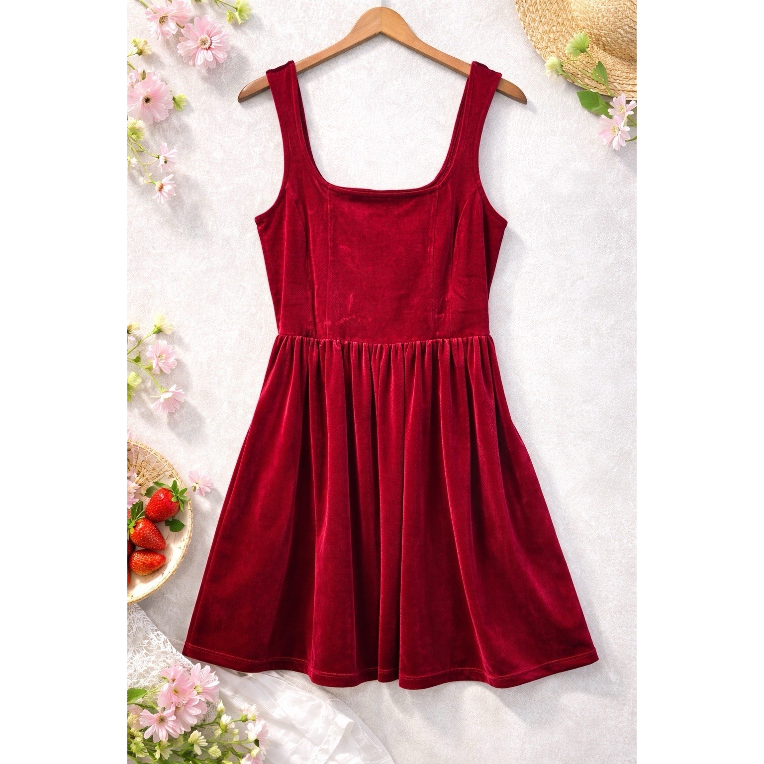 Old Navy Red Velvet Dress L Square Neck Fit Flare Sleeveless Skater Pockets