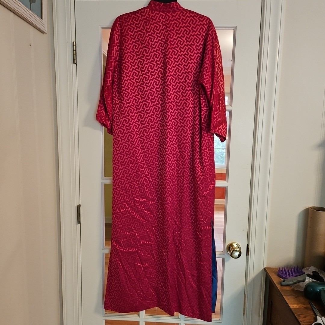 Vtg 40s/50s Dynasty Red/Pink Greek Key Blue Asian Robe Slit Sides Silk/Rayon S/M