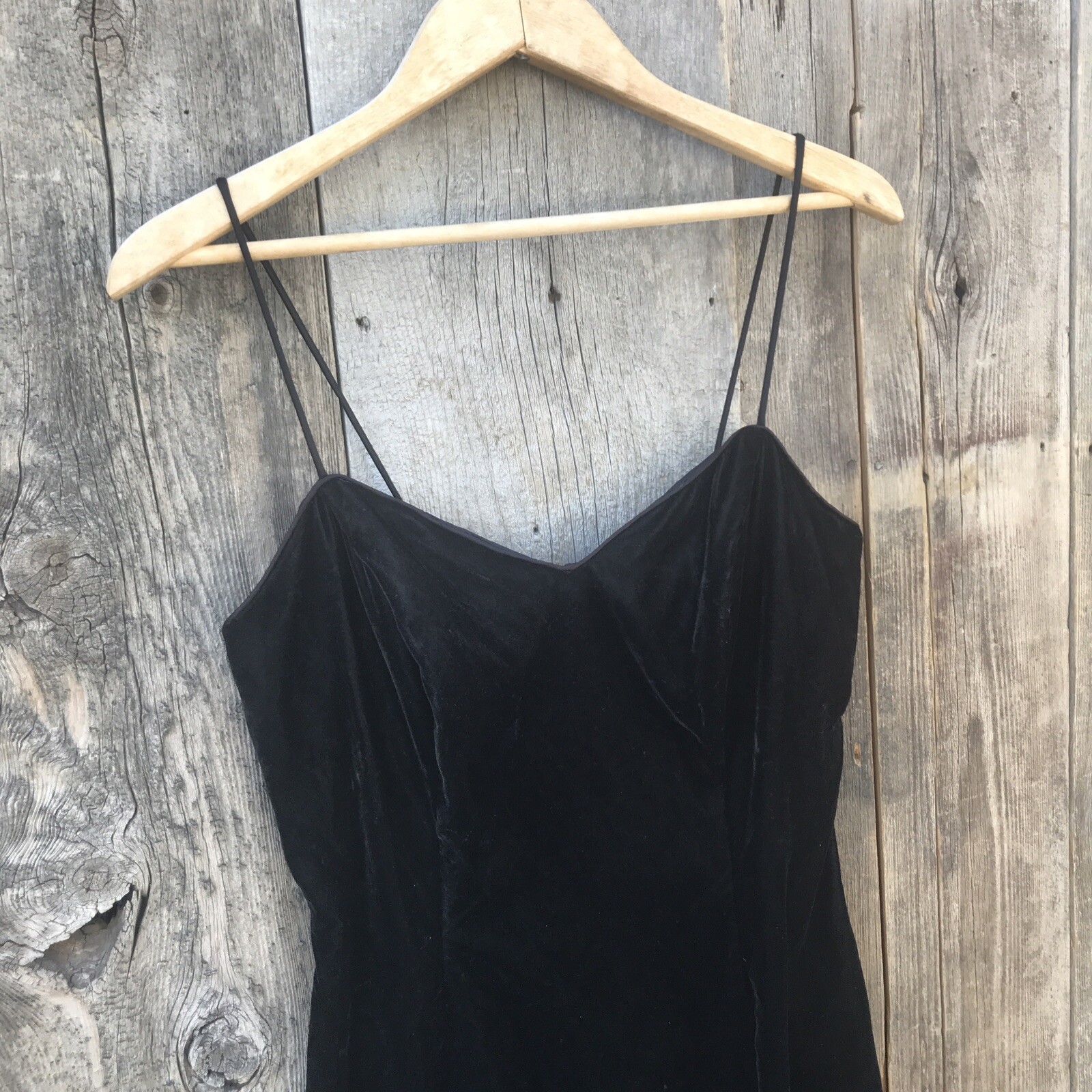 Vintage 90s Black Velvet Spaghetti Strap Maxi Dress w/ Slit Size 11/12