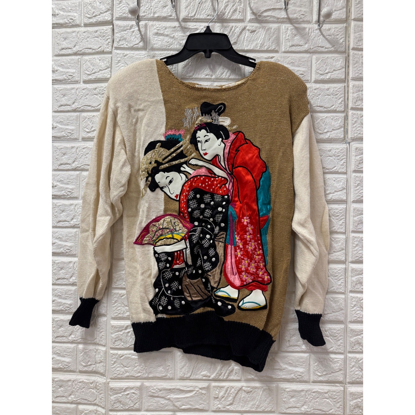 Vintage 1986 Bonnie Boerer Geisha Embroidered Knit Sweater Metallic Tan Cream S