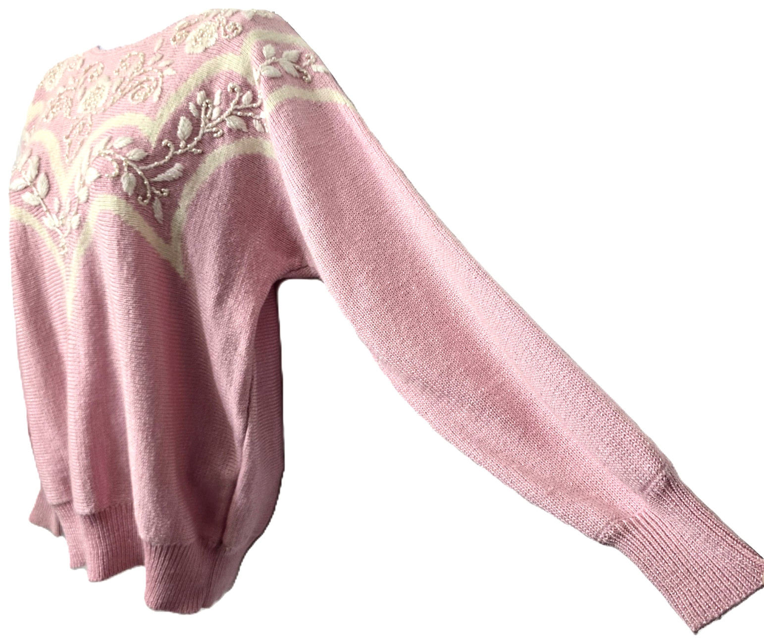 Vintage Embroidered Feminine Sweater Top M Beaded Girly Kawaii Pink Ivory 90s