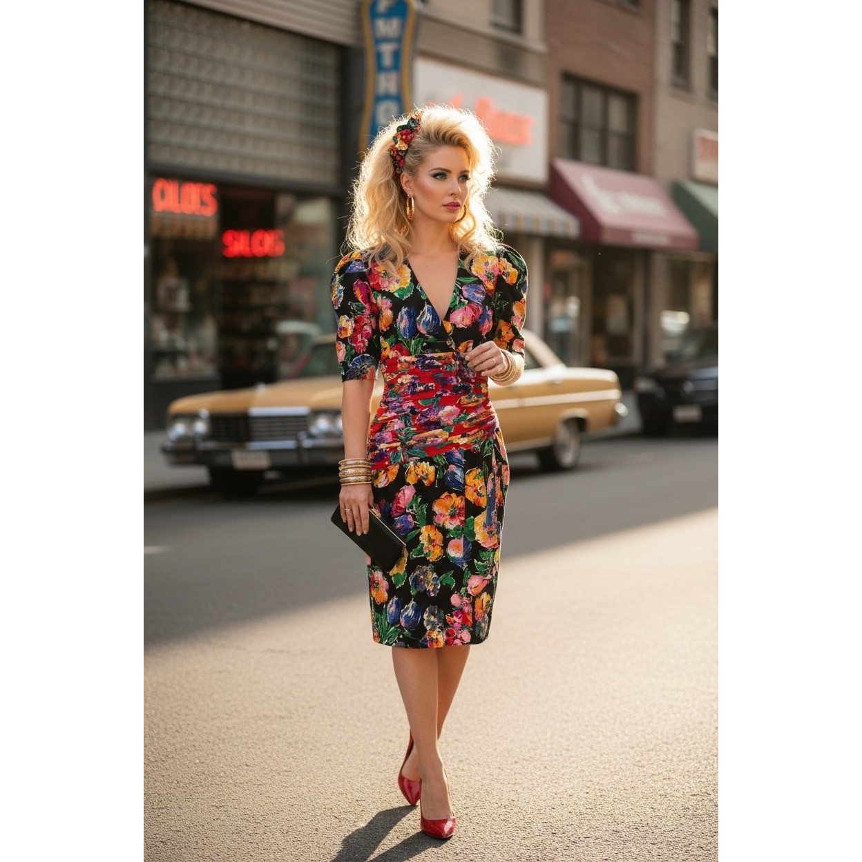 VTG A.J. Bari Floral Dress 6 Black 80s V-Neck Ruched Waist Padded Shoulder Retro