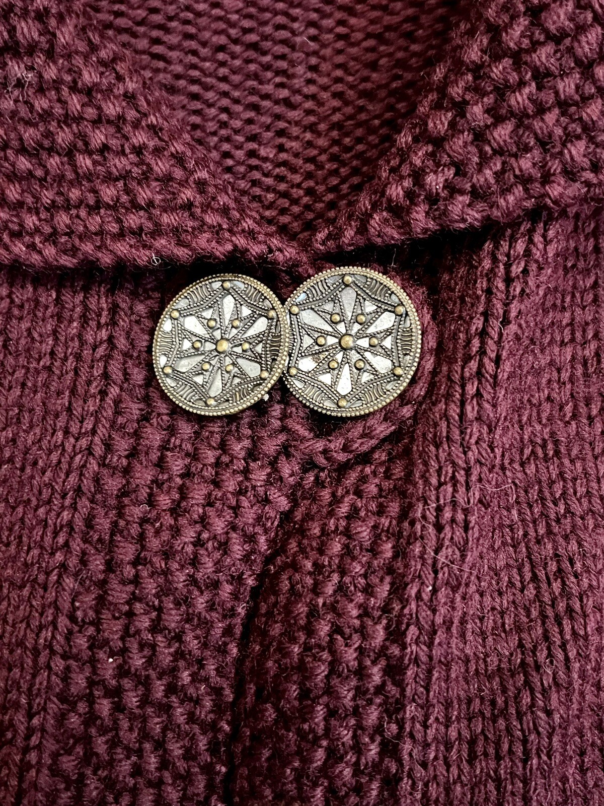 Vintage Maroon Burgundy Handmade Sweater Shawl Cape Ornate Buttons O/S