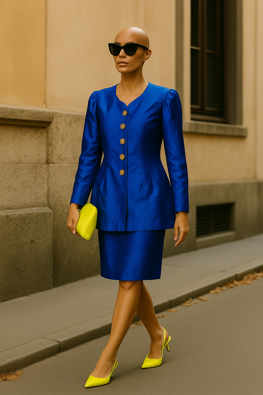 Vintage Silk Costume Royal Blue 38 40 Blazer Coat Jacket Pencil Skirt 80s 90s