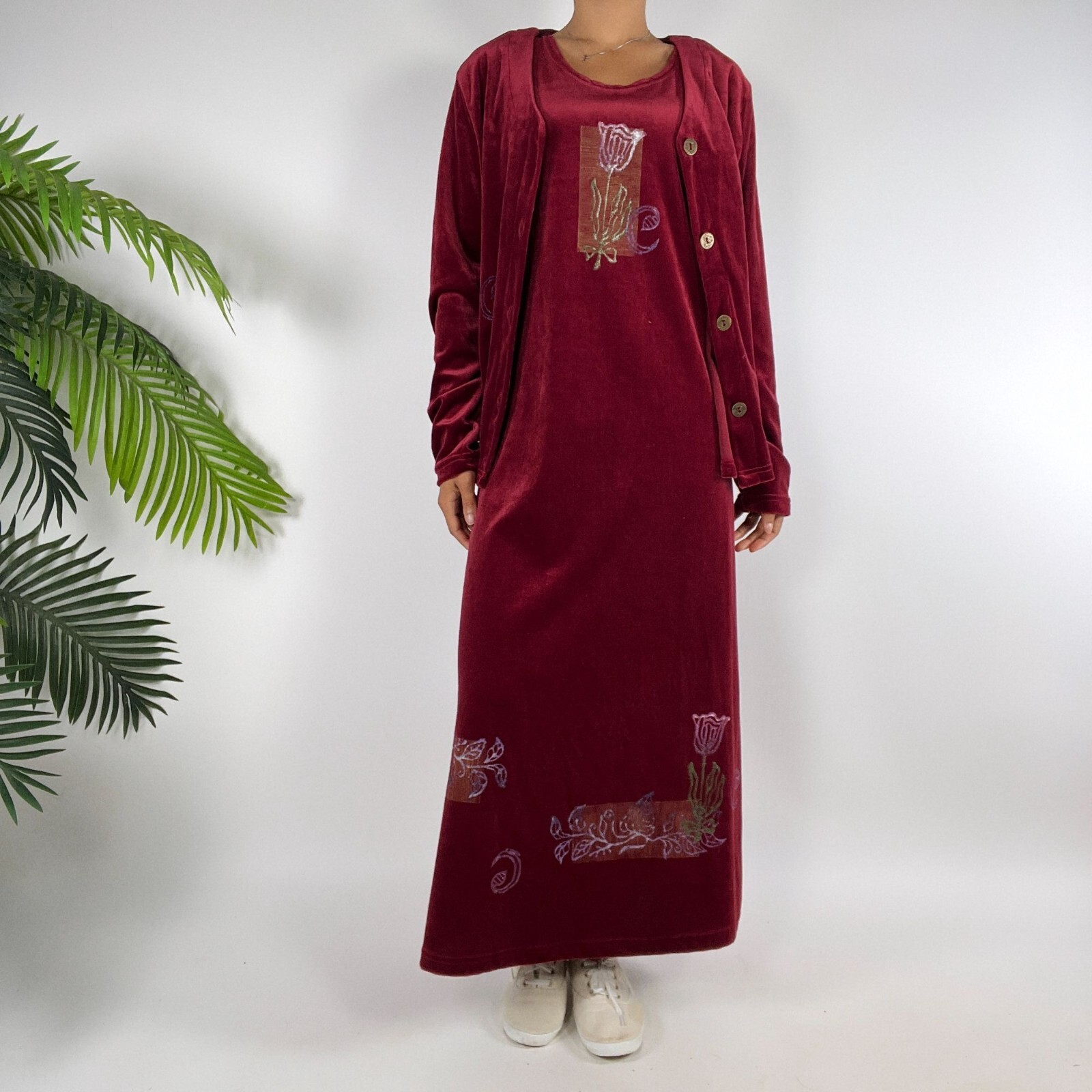 Vintage 90s Red Floral Velour Cottagecore 2-Piece Maxi Dress Cardigan Set / L