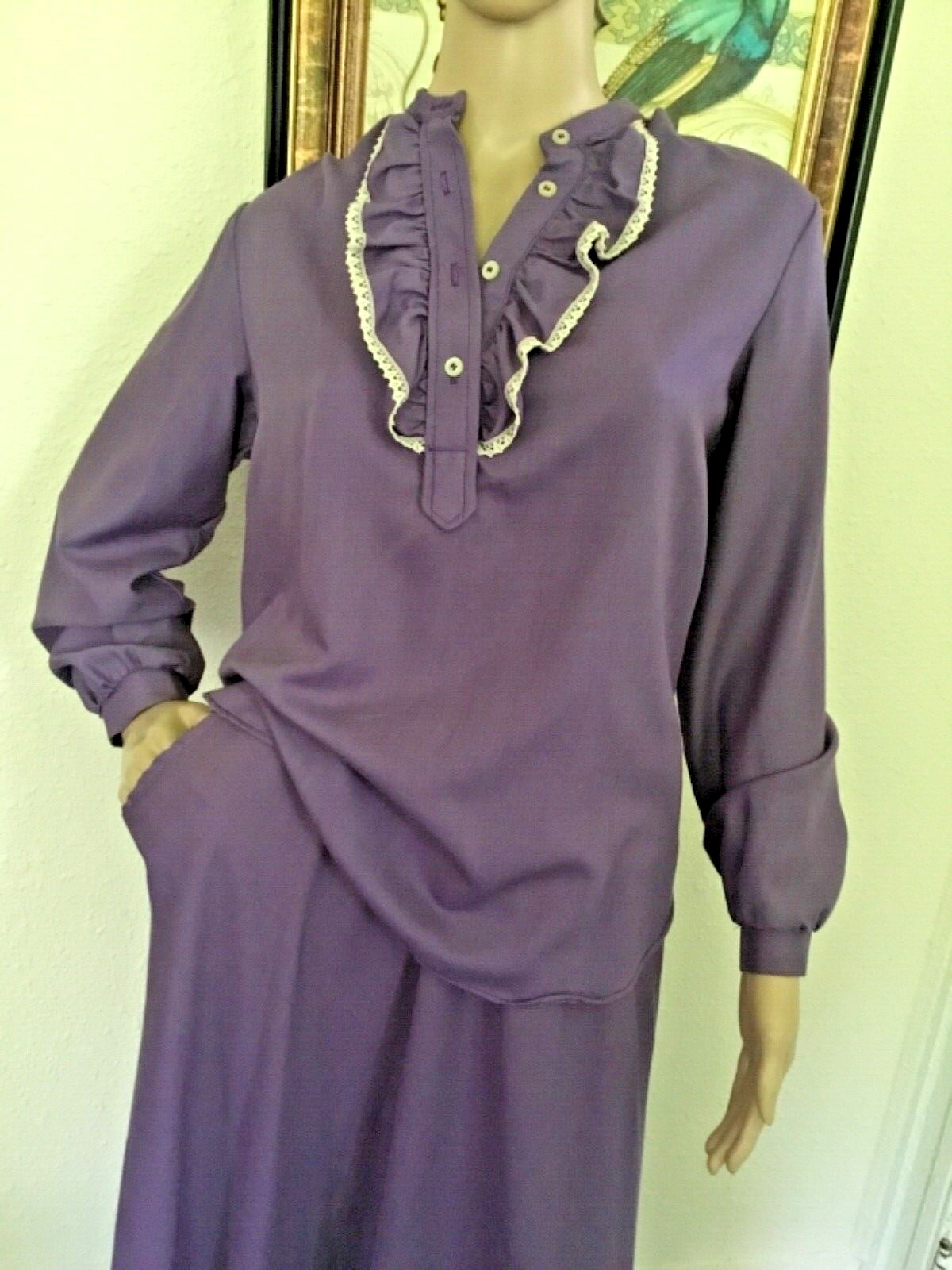 70’s Vintage Purple Boho Lace Ruffle Western Blouse Midi Skirt Set