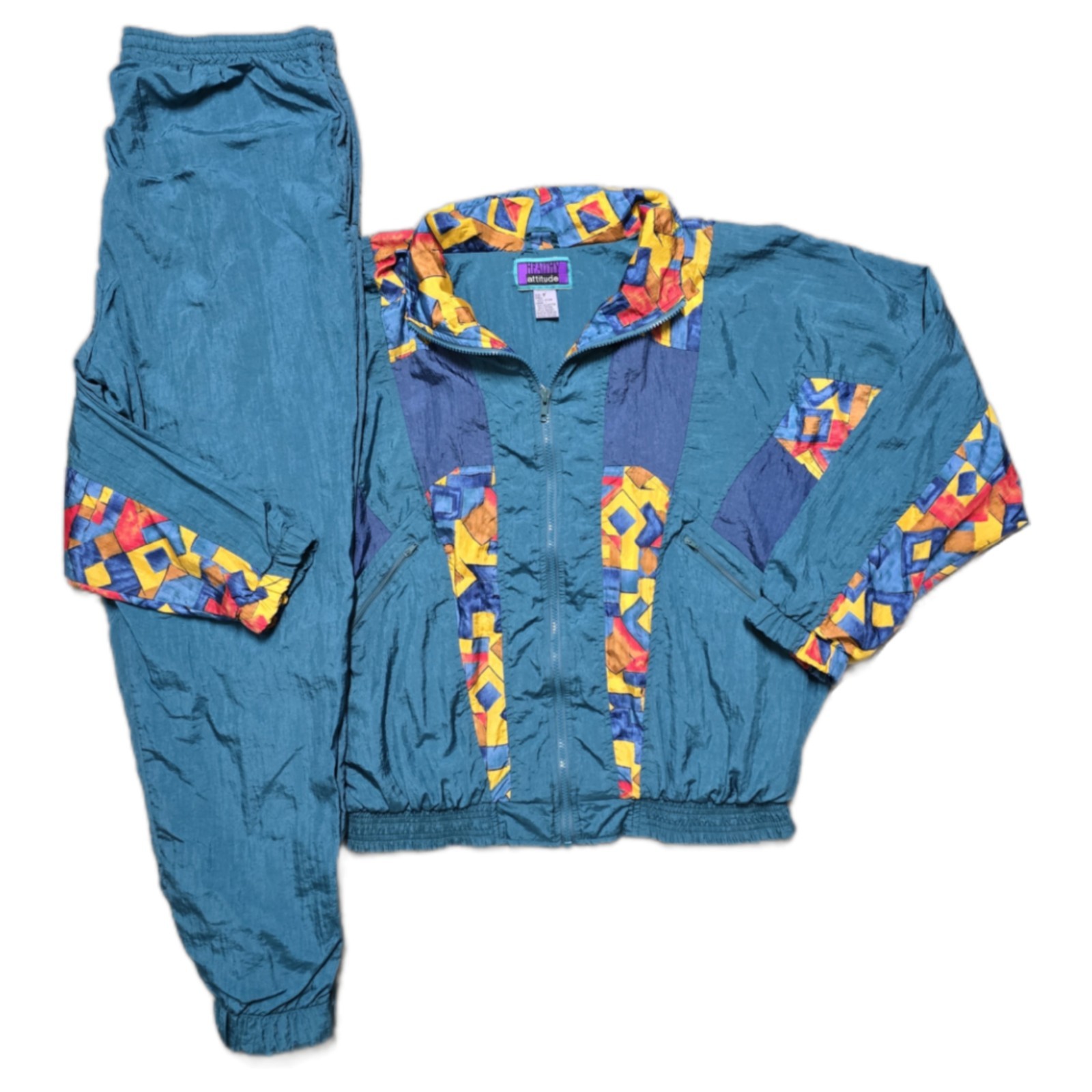 VTG 1990s Tracksuit Teal 80s 90s Geometric Lined Womens M Healthy Attitude Nylon
