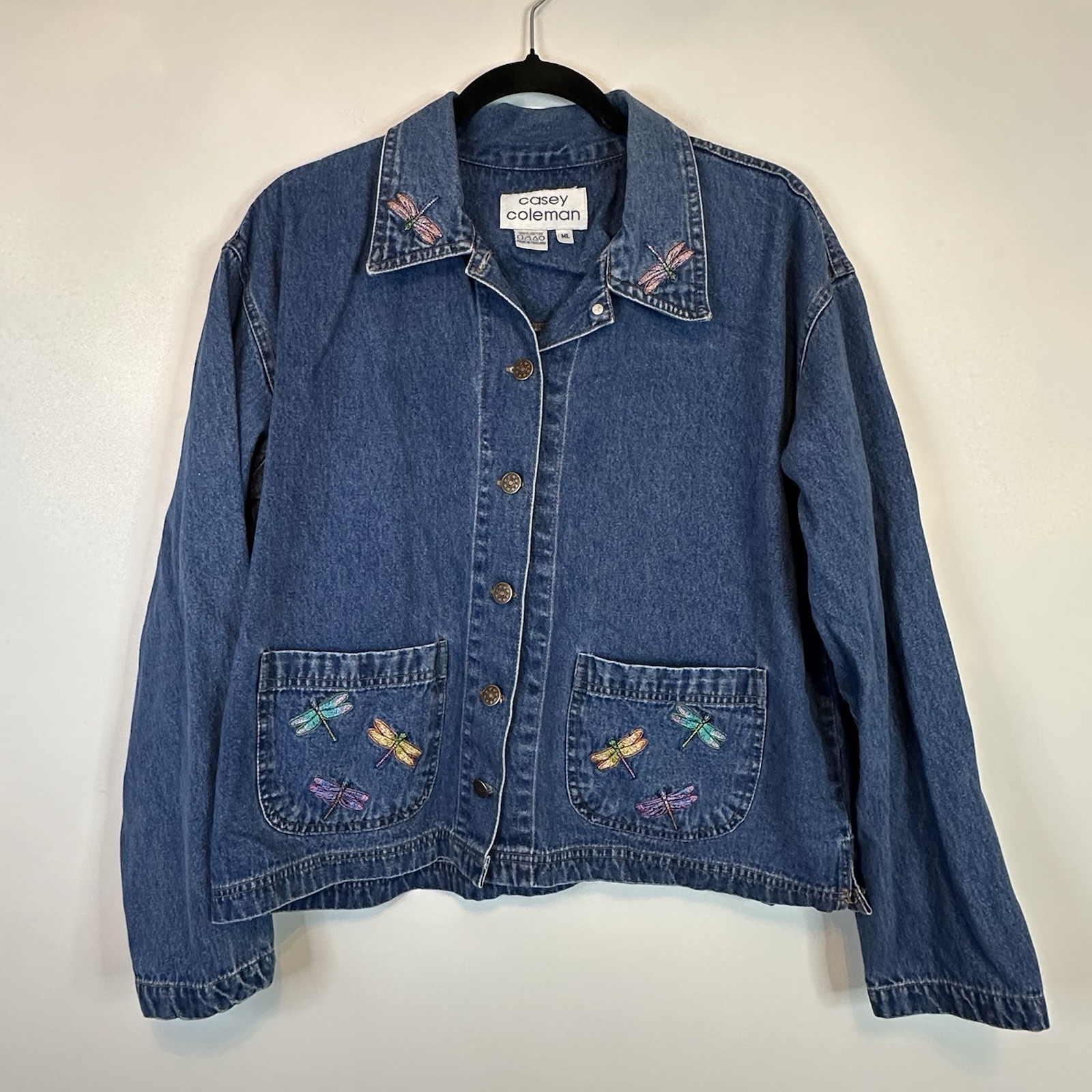 Vintage Casey Coleman Embroidered Dragonfly Colorful Denim Jacket Size M/L
