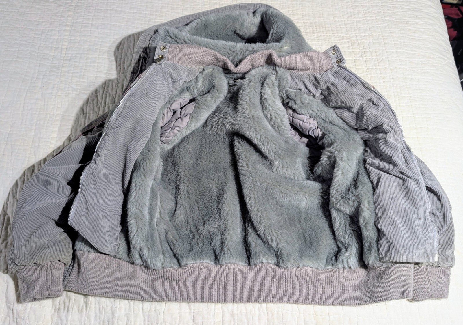 Vintage Mod Maid Coat 60s 70s Women’s SMALL Gray Corduroy Purple Trim Hooded