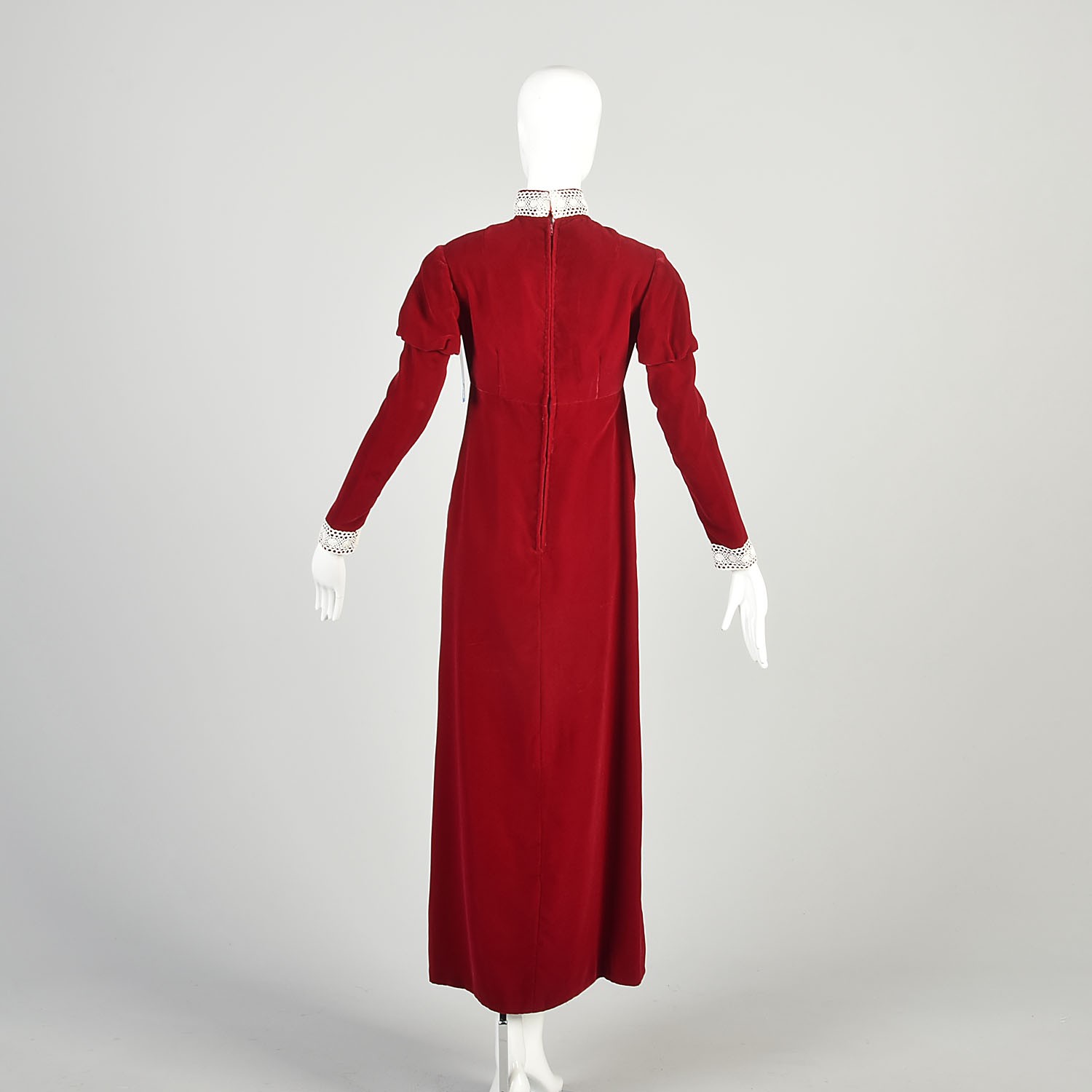 XS 1970s Red Velvet Dress Long Juliet Sleeve Empire Waist Lace Trim Formal Maxi