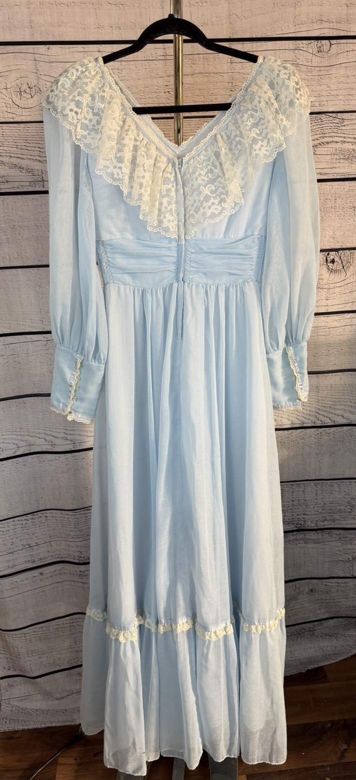 Candi jones California Vintage 1970’s Blue Prairie Maxi Dress Lace Boho.