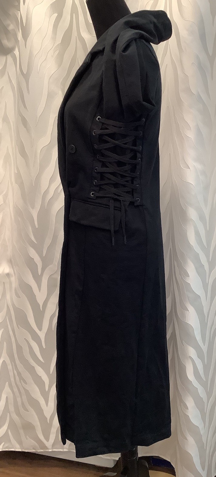 Black Corset Lace Up Sides Split Sleeves Dbl. Breasted Long Goth Coat S/M