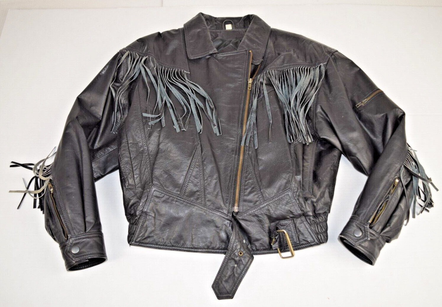 Vintage Leather Jacket Steer Brand Size M/L 80s Glassy Black Fringe All Across