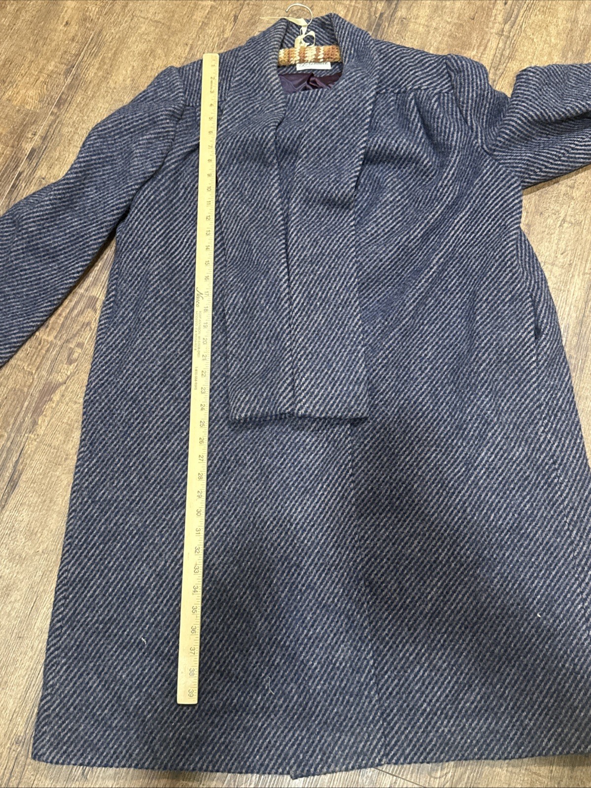 Vintage Lorendale Wool Coat Blue Tweed Attached Scarf Collar L/XL No Tag
