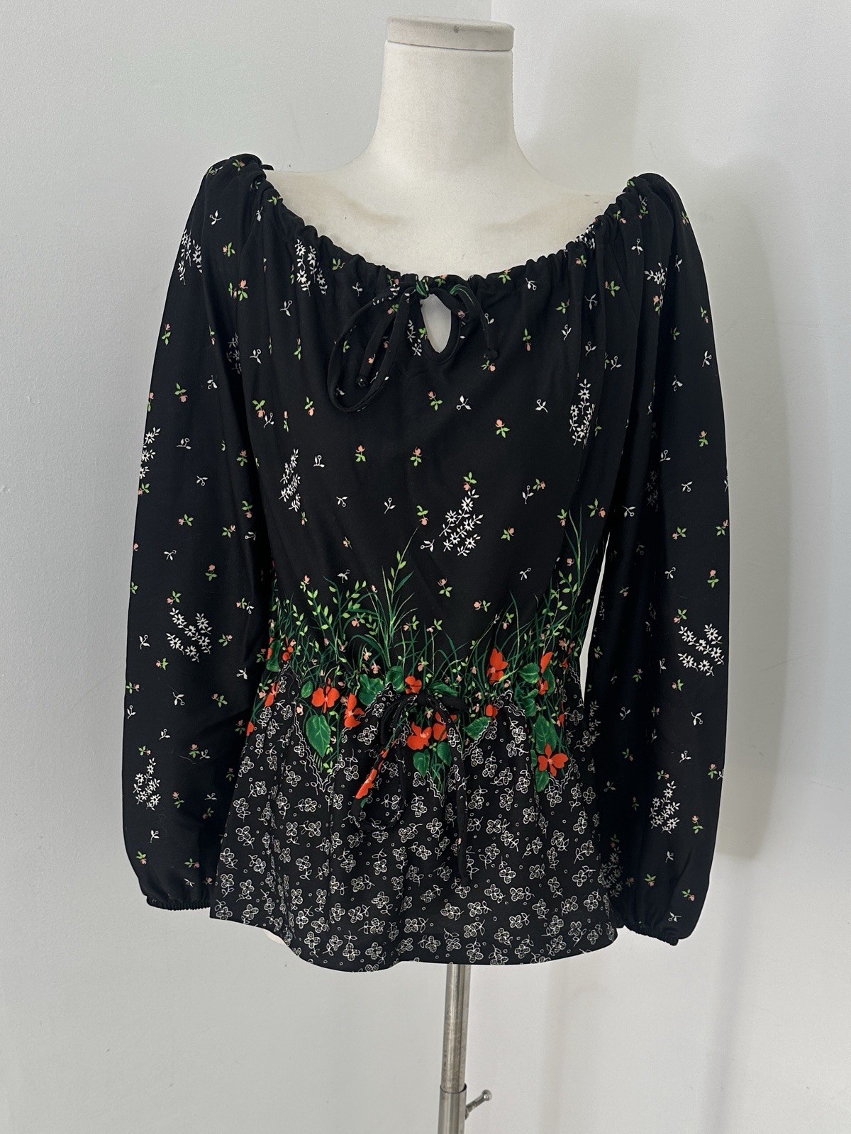 Vintage 70s Floral Boho Cinch Waist Peasant Blouse