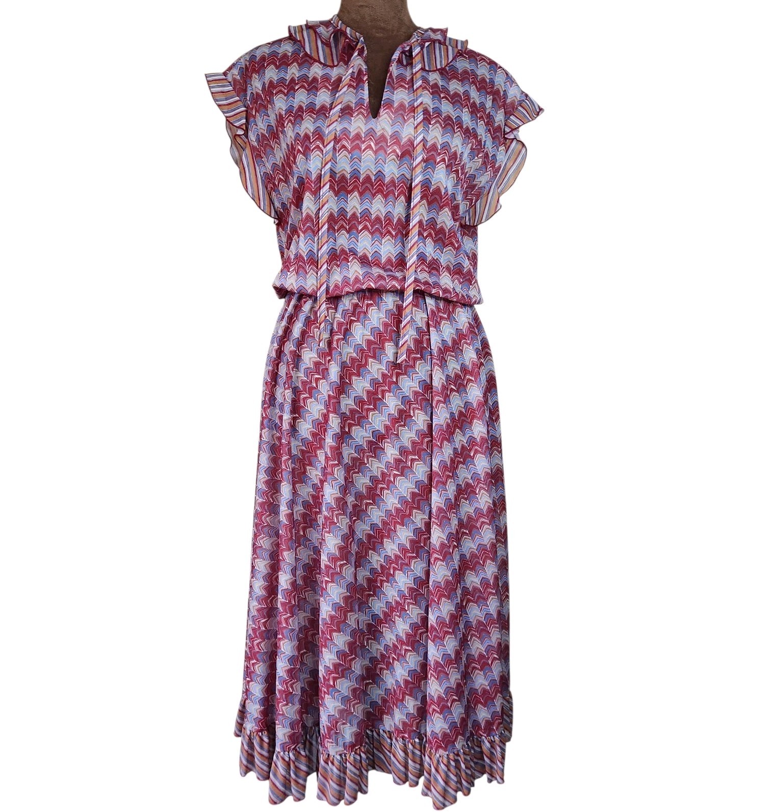 Vintage Strait Line Dress Rockabilly Chevron Striped Multicolor Sheer Ruffle