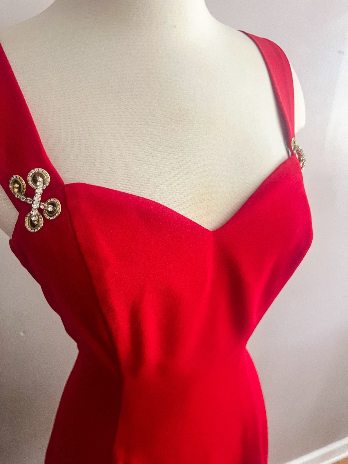 90s Vintage Red Cocktail Dress with Rhinestone detail sweetheart neck