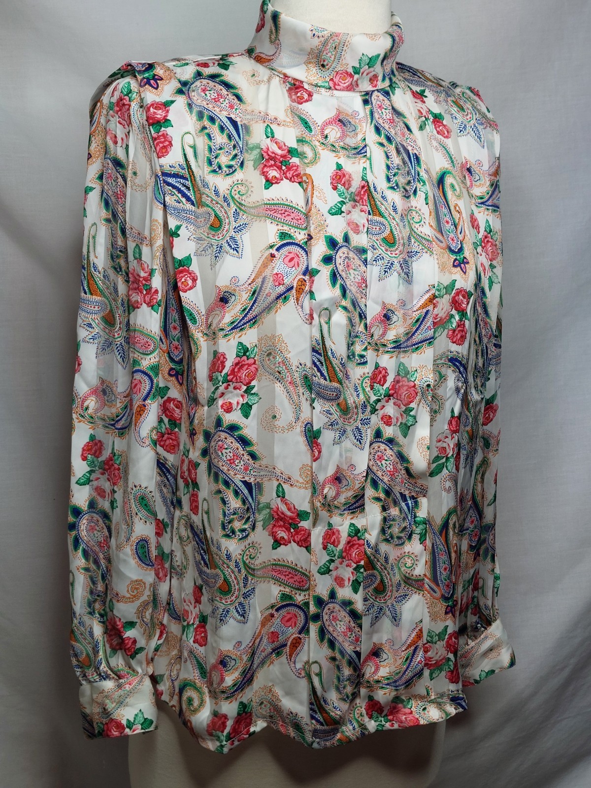 Vintage Paisley Floral Blouse High Neck Boho Cottagecore Romantic Sheer Top USA