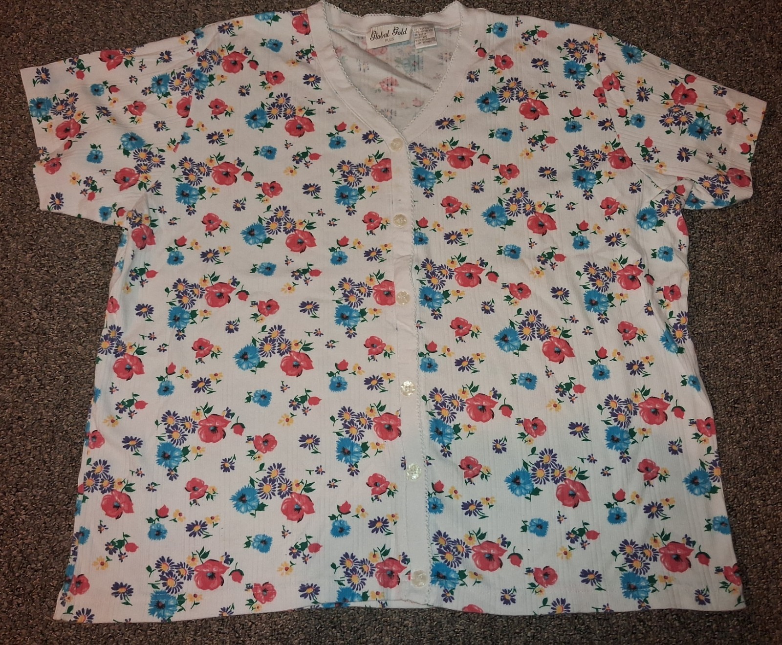 Vintage 90s Global Gold Plus Size 2x White Floral Scalloped edge Blouse Top