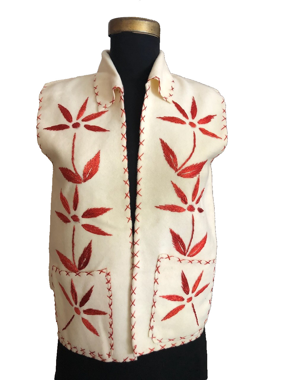 Boiled Wool Vest Long Embroidered Open Front Large Pockets Boho Artisanal M/L