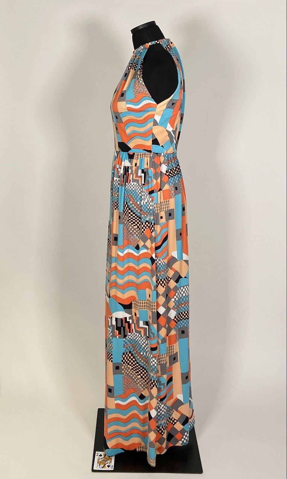 033 1970s Halter dress set, jacket, orange op-art Pat Sandler size XS VG!