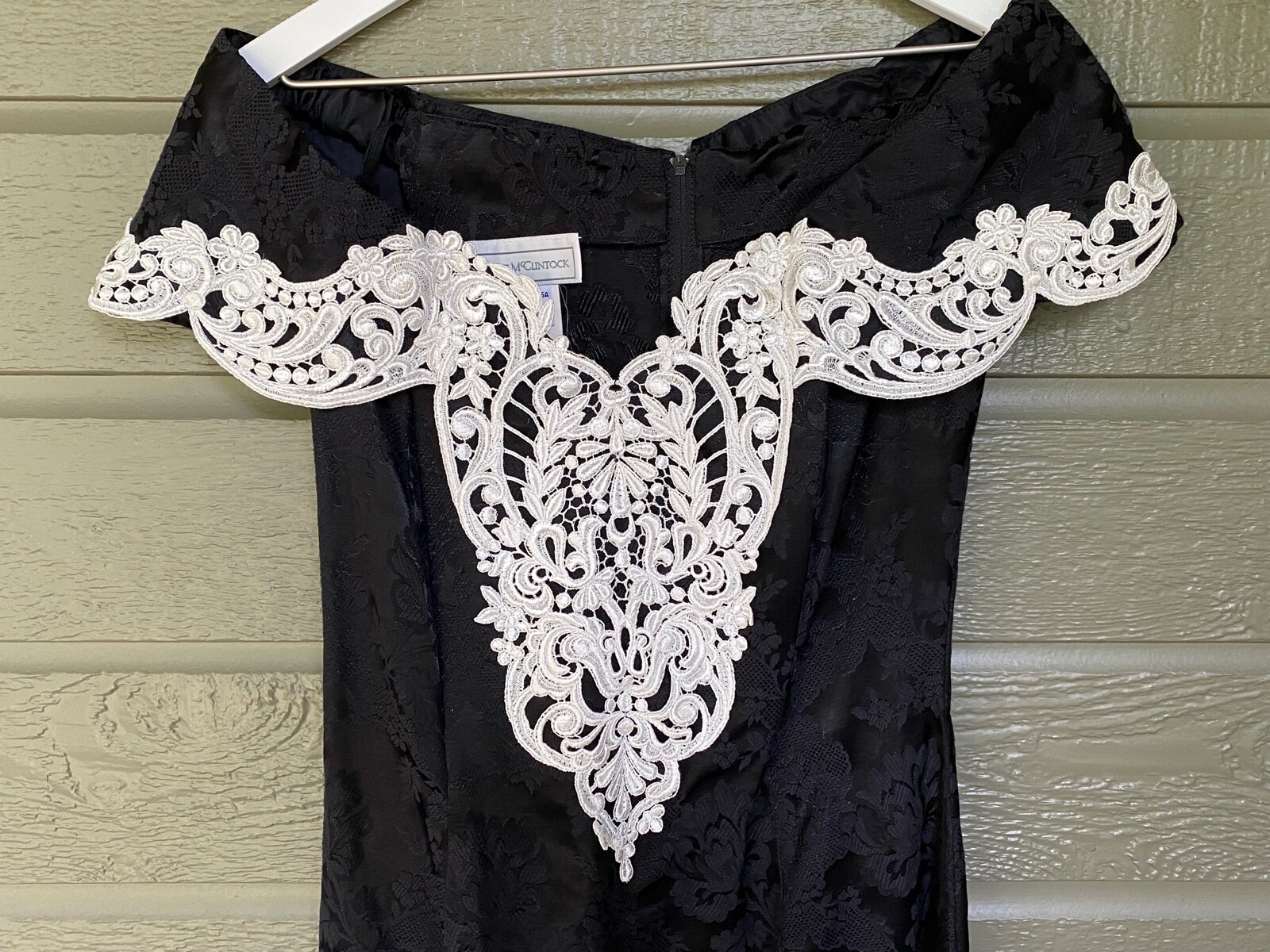 Vintage Scott McClintock Formal Prom Dress Off Shoulder Black w/ White Lace Sz 8