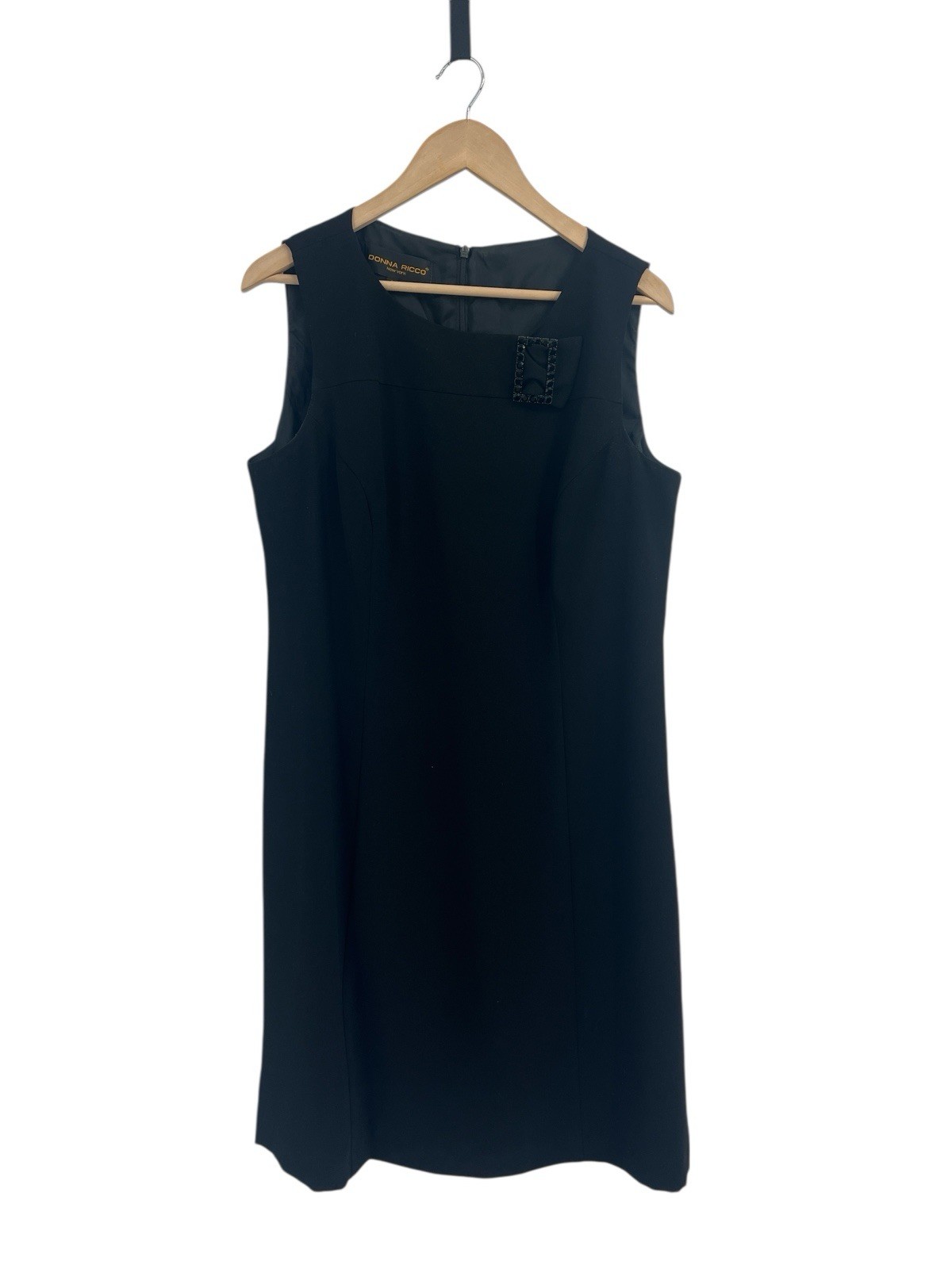 Vintage 90s Donna Ricco Black Shift Dress Rhinestone Buckle Detail Size 14 LBD