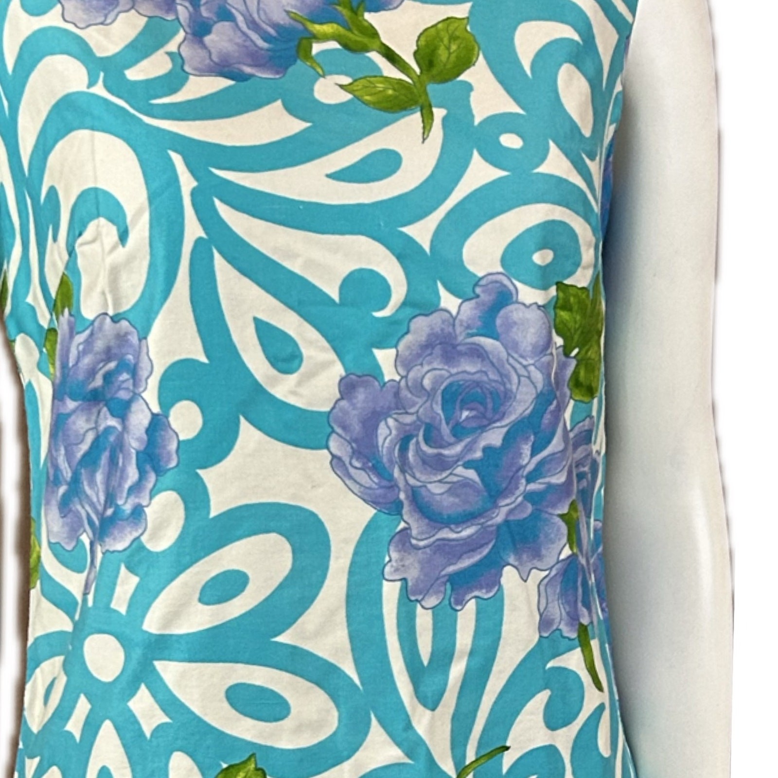 Vintage 60s Blue Swirl Floral Cotton Shift Dress sleeveless Screen Printed XS ^