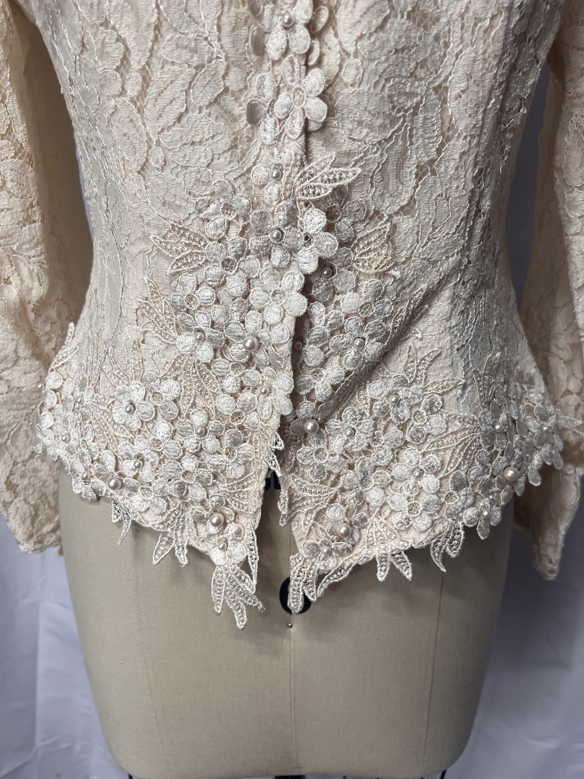 Vintage 80s Cachet by Bari Protas Ivory Fitted Lace Jacket w/ Pearls Size 9/10