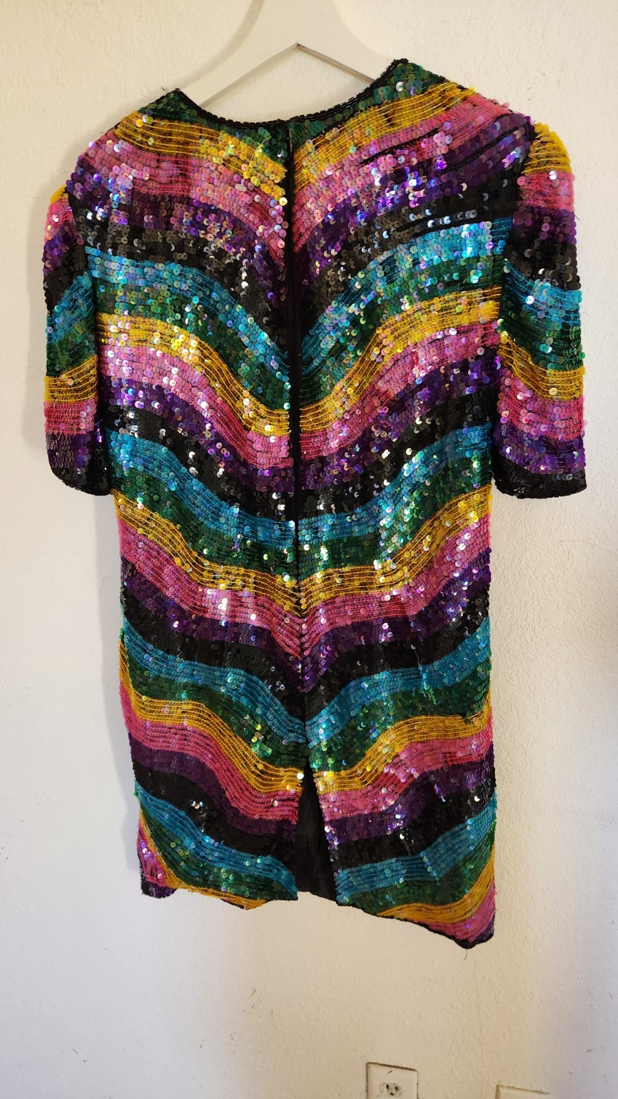 1980s Rainbow Stripe Silk Beaded Sequin Dress I Sz Med Imperial Handicrafts