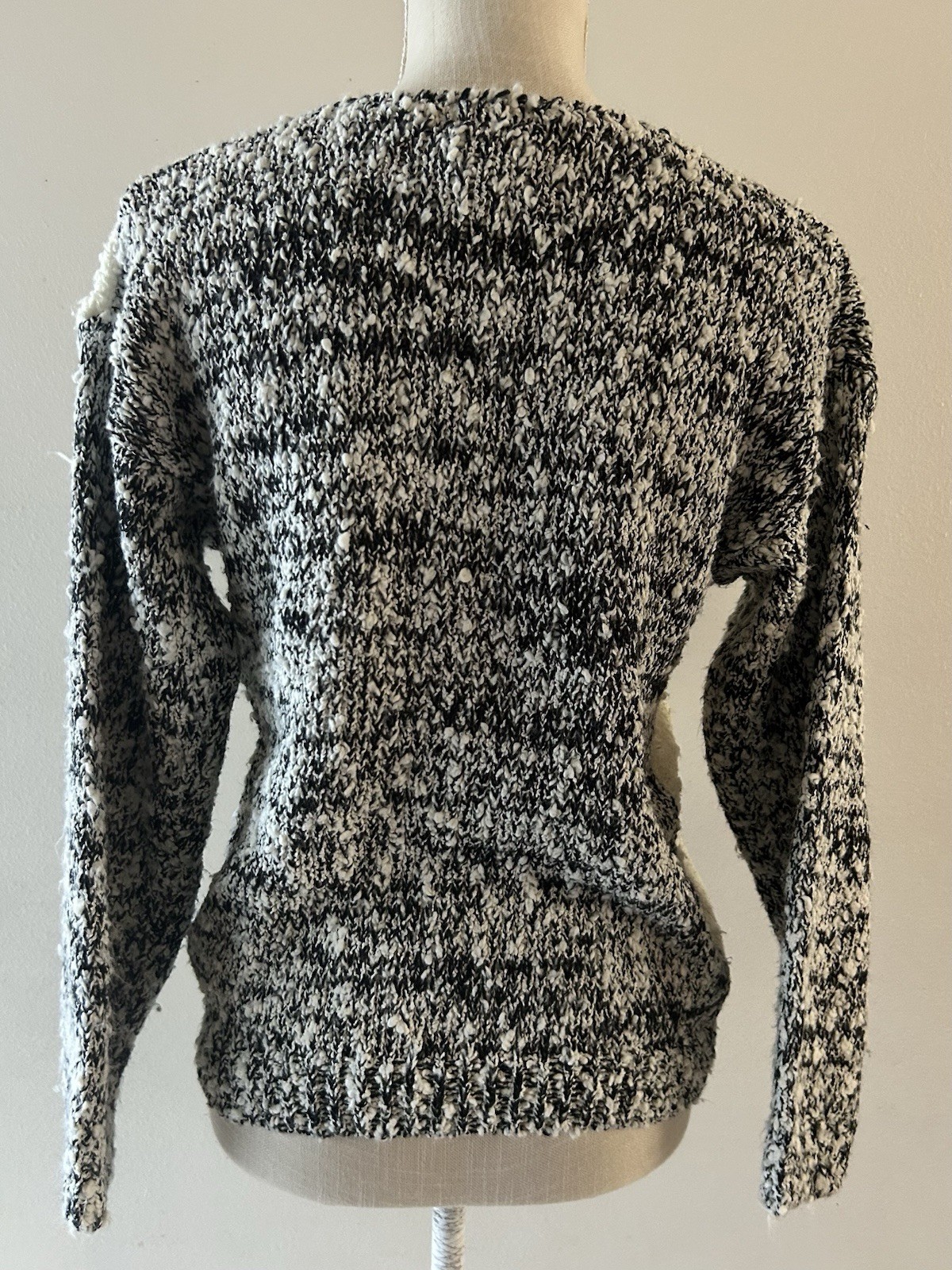 Vintage Erika Boucle Sweater Sz S Black White Floral Pearl Applique Gold Cord